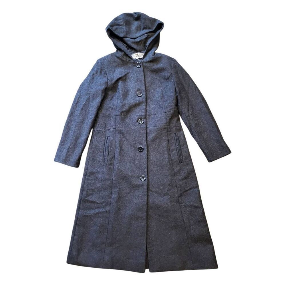 Vintage Anne Klein Coat Women's 6 Grey Wool Hooded Long Gothic Cottage Trench